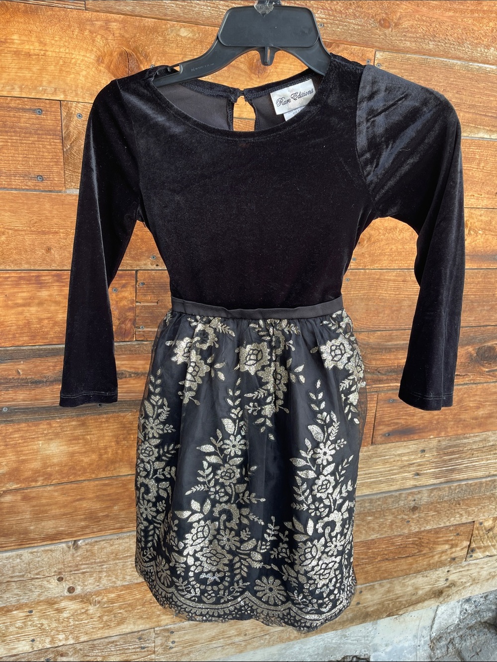 Rare Editions Girls Size 7 Black Velvet Gold Floral Tulle Holiday Party Dress